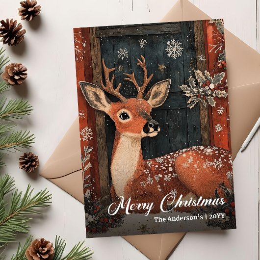 Carte de Noël démodée avec cerf, vœu classique