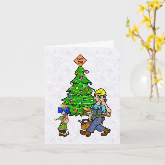 Carte de Noël d'Ouvrier de Construction et d'Elfe (Fleur jaune)