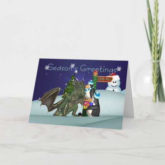 Carte de Noël Dragon & Penguin, Salutation de sais (Devant)