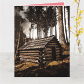CARTE DE NOËL DRÔLE CABANE EN BOIS (Fleur jaune)