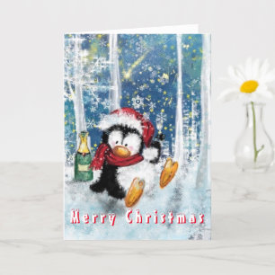 Carte de Noël drôle de manchot de fête joyeuse