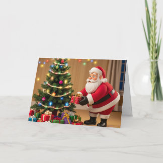 Carte de Noël du Père Noël plaçant des cadeaux sou