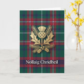 Carte de Noël écossaise Tartan Vert Rouge Chardon (Fleur jaune)