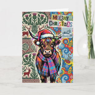 Carte de Noël écossaise vache des Highlands tartan