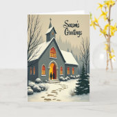 Carte de Noël Église enneigée (Fleur jaune)