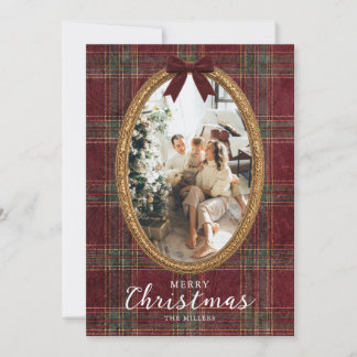Carte de Noël élégante à cadre doré tartan pour fa