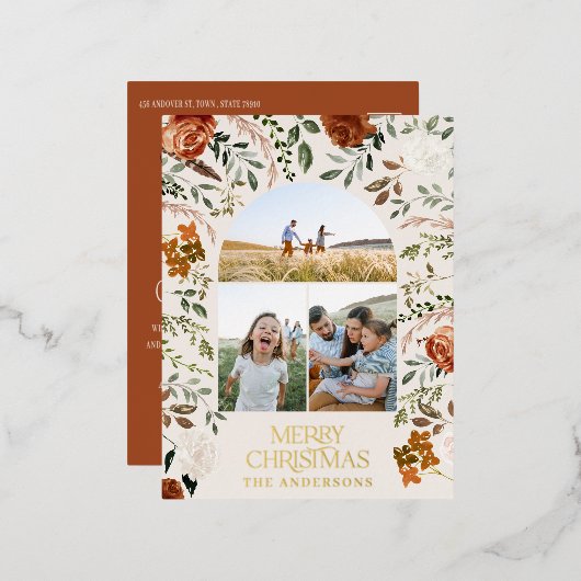 Carte de Noël élégante avec botanique noir et cerf (Recto/Verso)