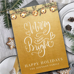 Carte de Noël élégante Merry & Bright dorée à moti