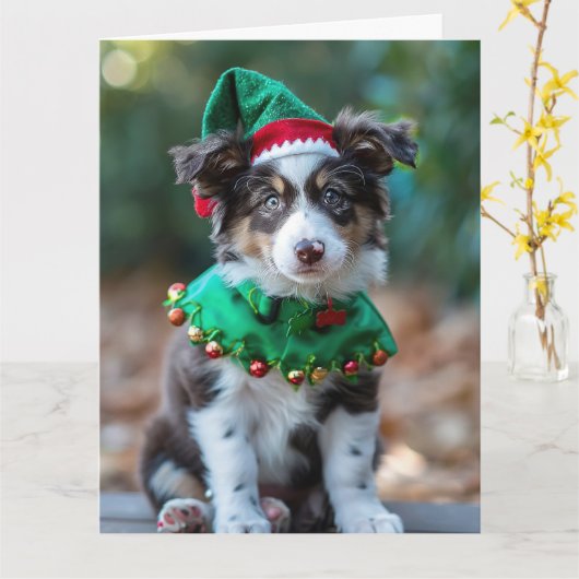 Carte de Noël Elf Puppy Shepherd'Australie (Fleur jaune)