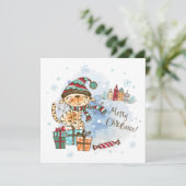 Carte de Noël en aquarelle chat mignonne (Debout devant)