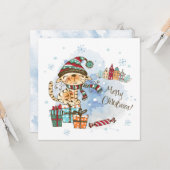 Carte de Noël en aquarelle chat mignonne (Devant/Arrière en situation)
