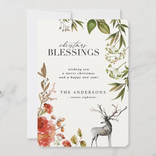 Carte de Noël en cerf de feuillage d'aquarelle. (Devant)