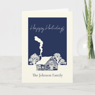 Carte de Noël en famille avec une maison d'hiver