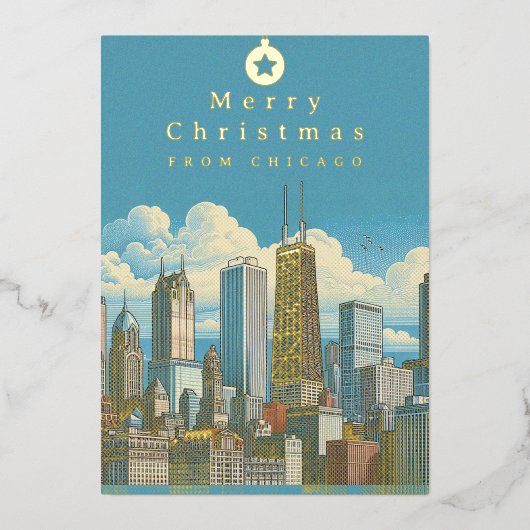 Carte de Noël en papier métallisé avec vue sur Chi (Recto)