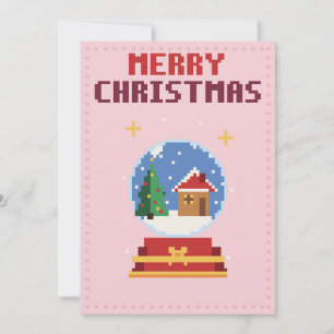 Carte de Noël en pixel art avec boule à neige rose