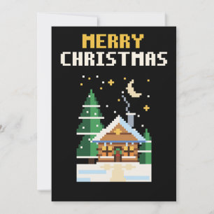 Carte de Noël en pixel art de chalet enneigé