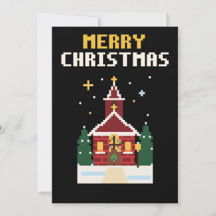 Carte de Noël en pixel art de la chapelle enneigée