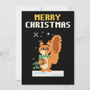 Carte de Noël en pixel art représentant un écureui