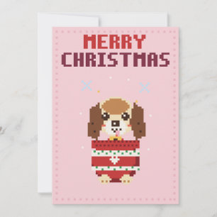 Carte de Noël en pixel art rose avec chiot