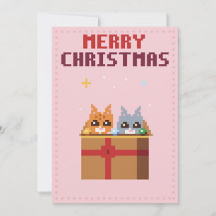 Carte de Noël en pixel art rose avec des chatons
