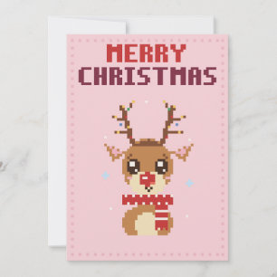 Carte de Noël en pixel art rose avec renne