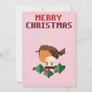 Carte de Noël en pixel art rose avec un rouge-gorg