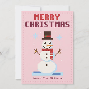 Carte de Noël en pixel art rose bonhomme de neige