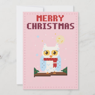 Carte de Noël en pixel art rose Chouette Harfang