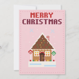 Carte de Noël en pixel art rose Maison en pain d'é