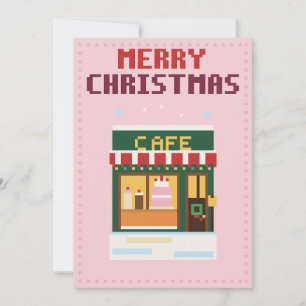 Carte de Noël en pixel art rose pour un café cosy
