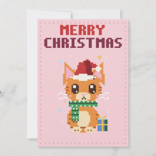 Carte de Noël en pixel art rose Santa Cat