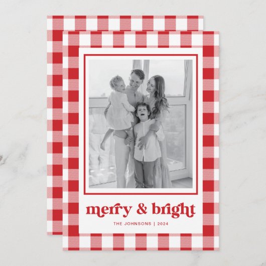 Carte de Noël En vichy rouge Joyeux et lumineux (Devant / Derrière)