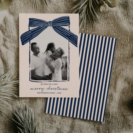 Carte de Noël familiale avec ruban rayé
