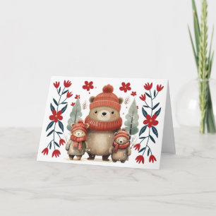 Carte de Noël fantaisiste ours et florales d'hiver