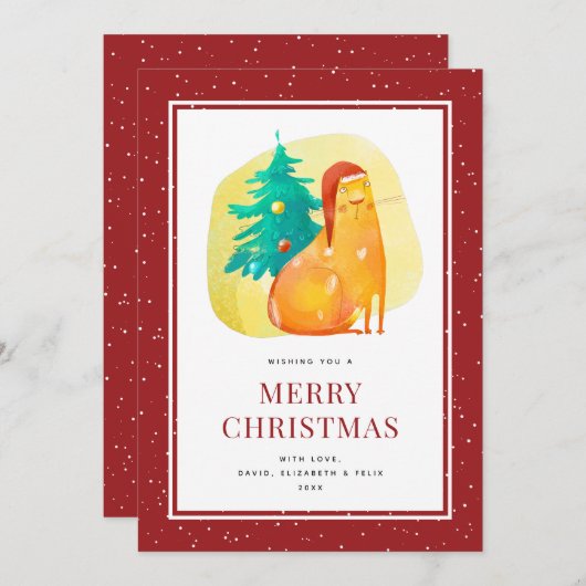 Carte de Noël Fat Cat Tree Neige Rouge Joyeux Noël (Devant / Derrière)