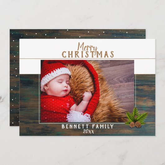 Carte de Noël festive en bois rustique avec pin (Devant / Derrière)