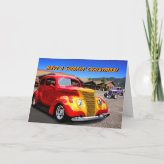 Carte de Noël flamme-rouge de voiture de hot rod