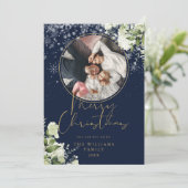 Carte de Noël Fleurie Neige Or et Bleu Photo (Debout devant)