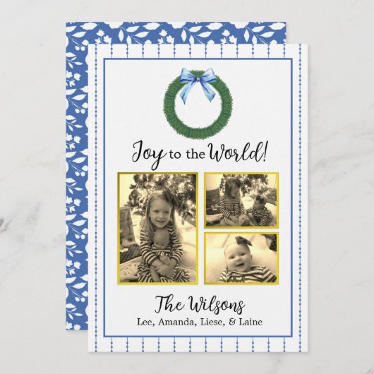 Carte de Noël Florale Bleue et Blanche (Devant / Derrière)