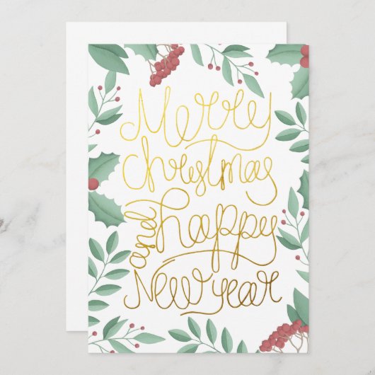 Carte de Noël Florale Moderne Gouache Gold Script (Devant / Derrière)