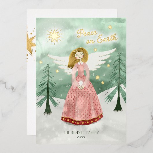 Carte de Noël Foil Angel Illustré mignonne (Recto/Verso)