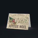 Carte de Noël française Joyeux Noel Père Noël<br><div class="desc">Père Noël vintage dans son traîneau tiré par son renne avec un sac plein de jouets et un arbre pour la veille de Noël contre une publicité de typographie vintage pour le chocolat français. Le texte sur le devant dit "Joyeux Noel" qui se traduit par "Joyeux Noël". Il y a...</div>