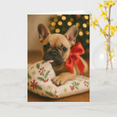 Carte de Noël Frenchie – Chien sur Coussin (Fleur jaune)
