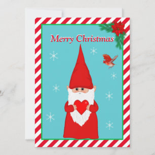 Carte de Noël Gnome de Noël et oiseau rouge mignon