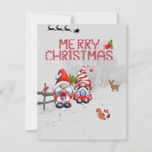 Carte de Noël Gnomes avec cerf, oiseaux, écureuil