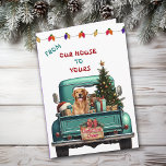 Carte de Noël Golden Retriever Retro Farm Truck<br><div class="desc">Un pick-up bleu turquoise porte un arbre de Noël décoré et des paquets cadeaux sur le devant de cette jolie carte de Noël. Un beau chien de Golden Retriever regarde depuis la porte arrière. Un panneau en bois rustique sur le pare-chocs arrière dit "Cheer de Noël". En haut de la...</div>