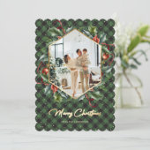 Carte de Noël Green Gold Plaid Holly Photo Joyeuse (Debout devant)