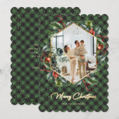 Carte de Noël Green Gold Plaid Holly Photo Joyeuse (Devant / Derrière)
