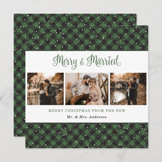 Carte de Noël Green Plaid Merry et Marié (Devant / Derrière)