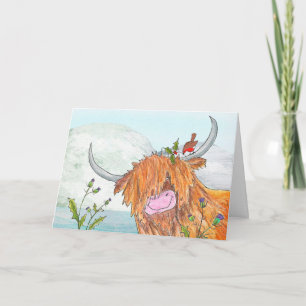 Carte de Noël Highland coo et robin